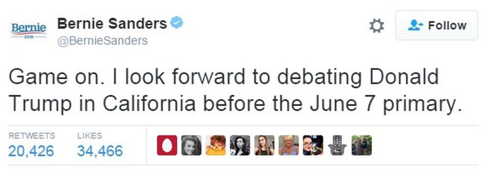 Bernie Sanders tweet: "Game on. I look forward to debating Donald Trump in California before the June 7 primary"