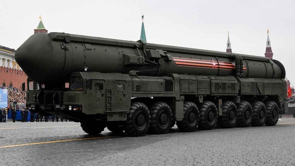 A Russian intercontinental ballistic missile system on a military parade in Moscow, 9 May 2019