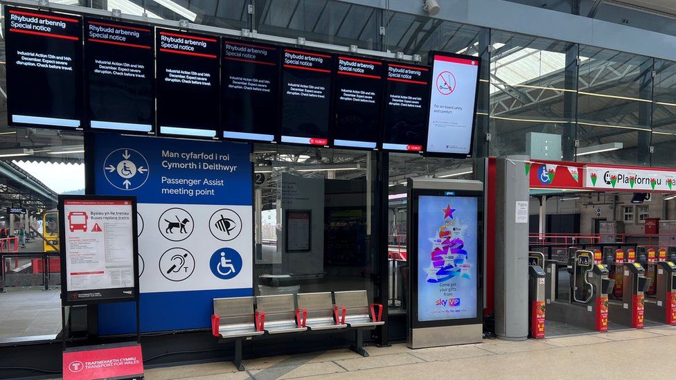 Special notice boards at empty Swansea station on Tuesday