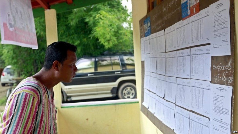A man checks the voters list at the Wahtheinkha village in Kawmhu township, Yangon, Myanmar