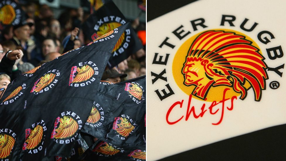 Exeter Chiefs flags being flown by flags and close up of logo