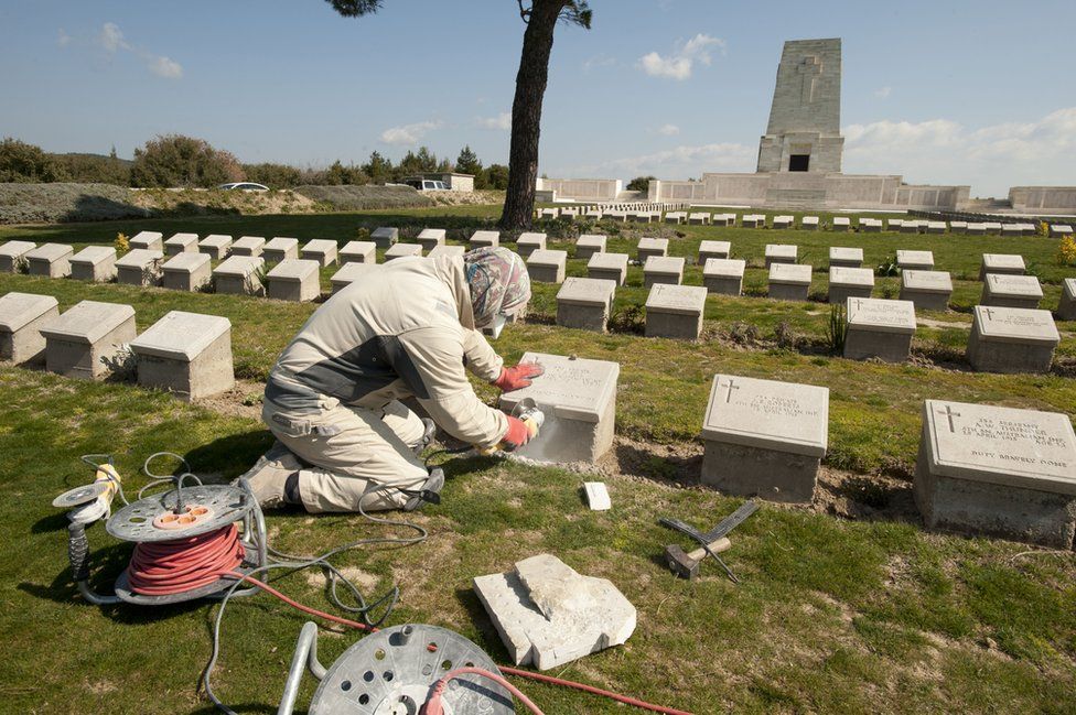 A person in a headscarf uses electric tools to repair a plinth at Lone Pine Cemetery in Gallipoli, Turkey