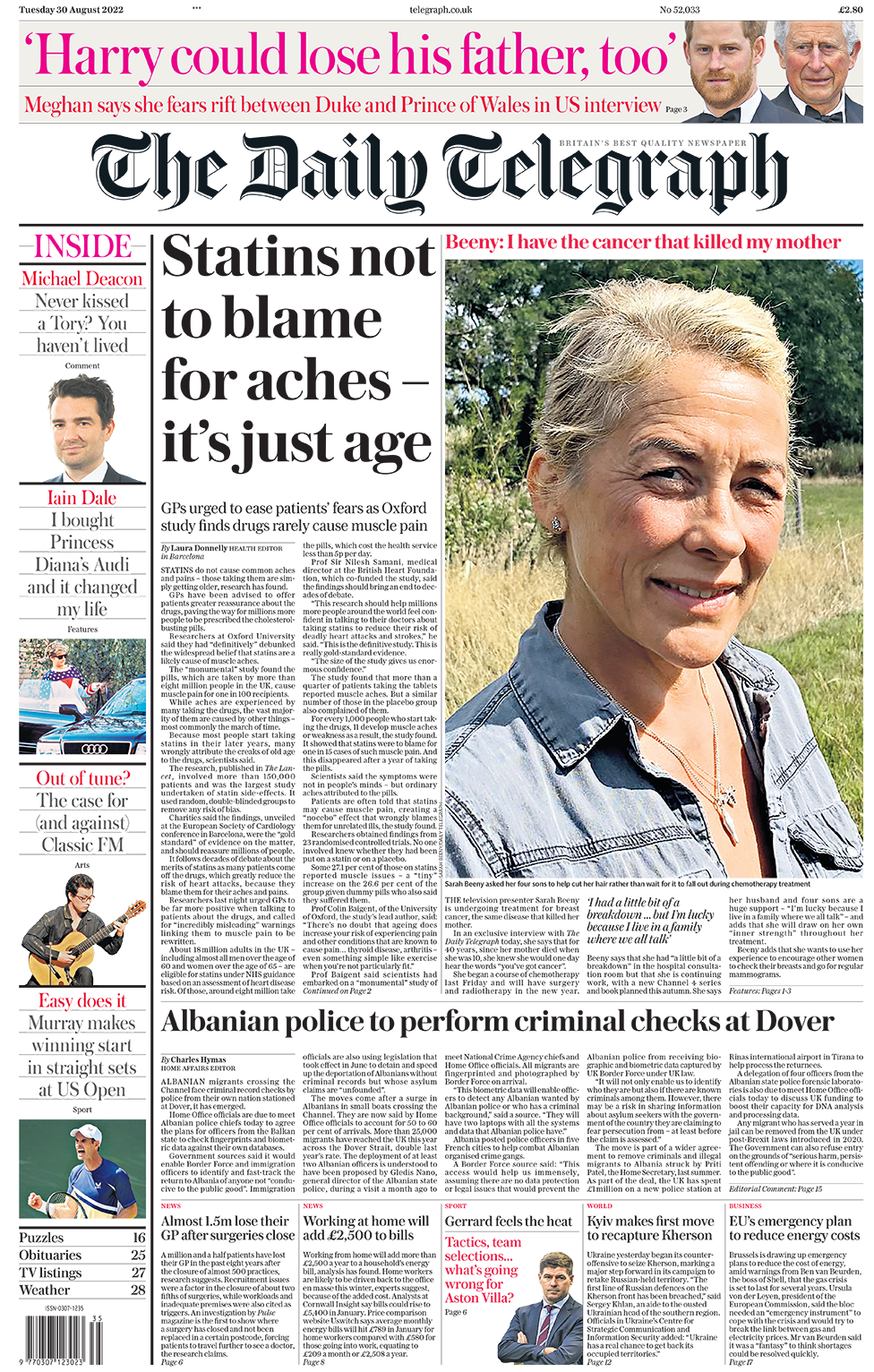 The headline in the Daily Telegraph reads 'Statins not to blame for arches - it's just age'