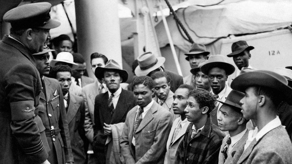 An image of Jamaican immigrants arriving in Britain on Empire Windrush at Tilbury, in 1948