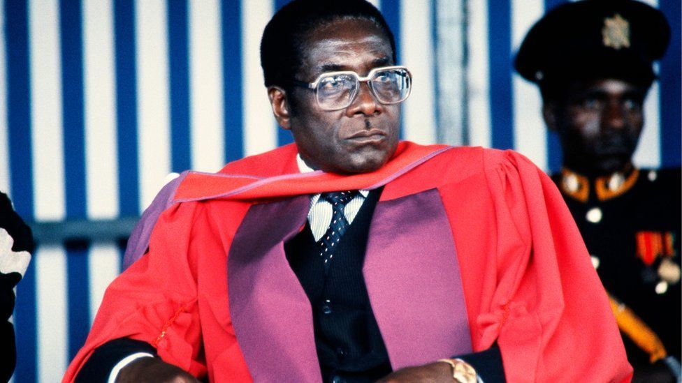 Zimbabwe's Prime Minister Robert Mugabe looks on after being awarded Doctor Honoris Causa in July 1984 at the University of Harare. Mugabe, Zimbabwean first Premier (in 1980) and President (in 1987), was born in Kutama in 1924 (formerly Southern Rhodesia)
