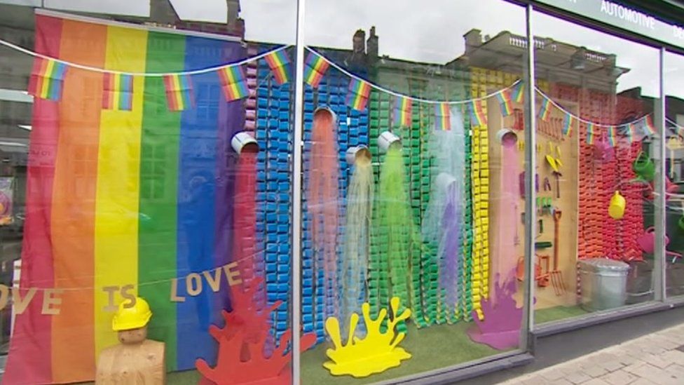 Shop front decorated for Pride