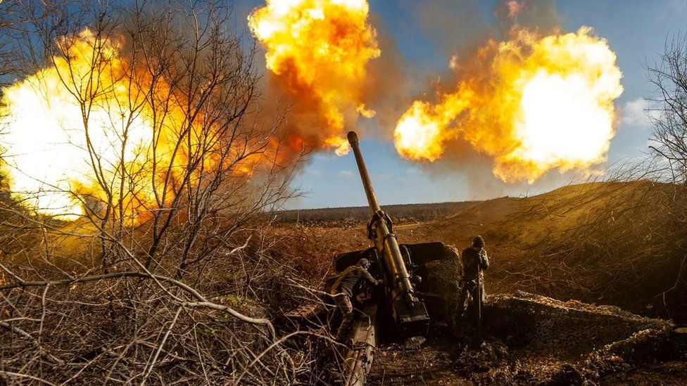 Ukrainian forces fire at Russian positions at the front line near Soledar, Donetsk region, Ukraine