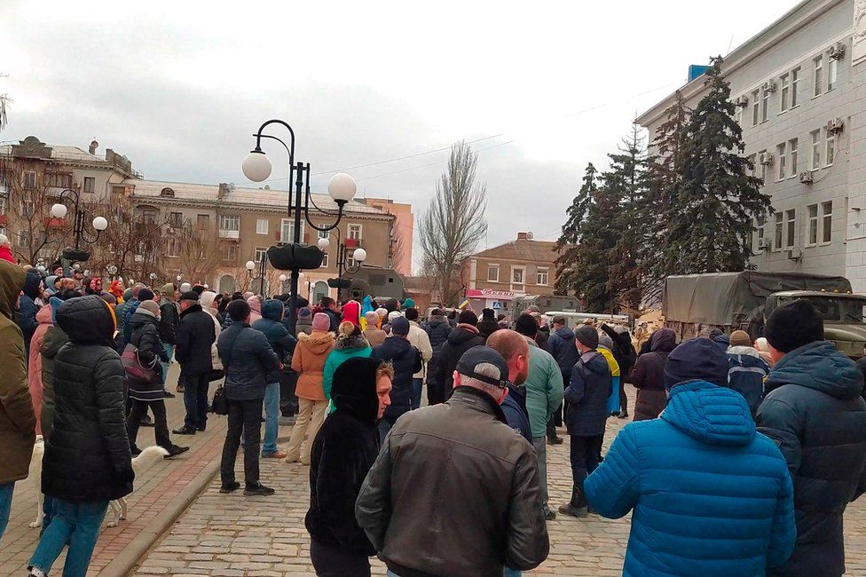 People protest Russia"s invasion of Ukraine outside Berdyansk City Council in Berdyansk, Ukraine