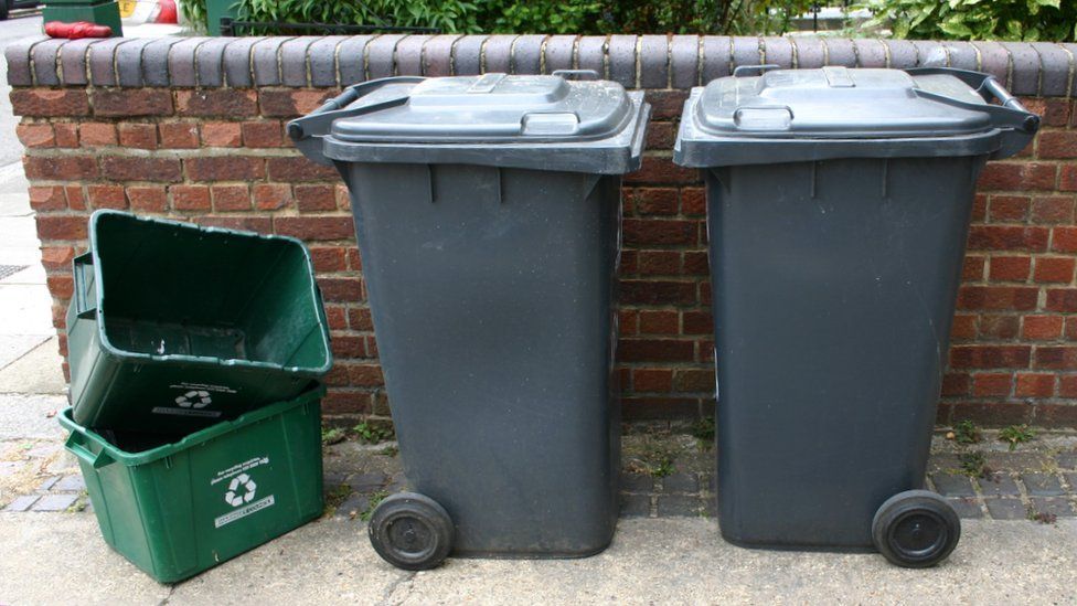 Recycling boxes and wheeled rubbish bins