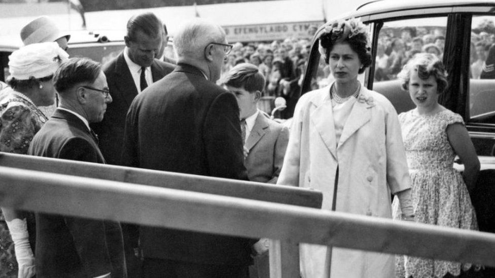 The Queen, The Duke of Edinburgh, Prince Charles and Princess Anne greeted at the Royal Pavilion on the Eisteddfod ground in 1960
