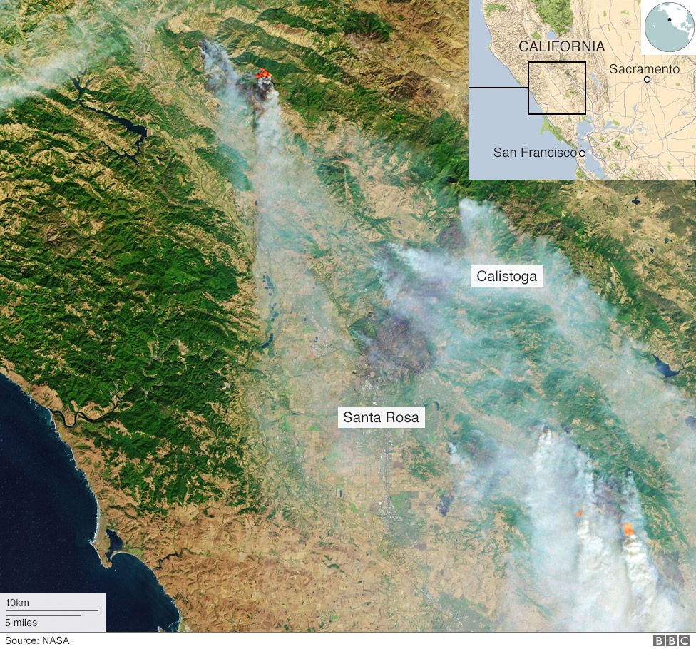 Nasa satellite image showing wildfires in California