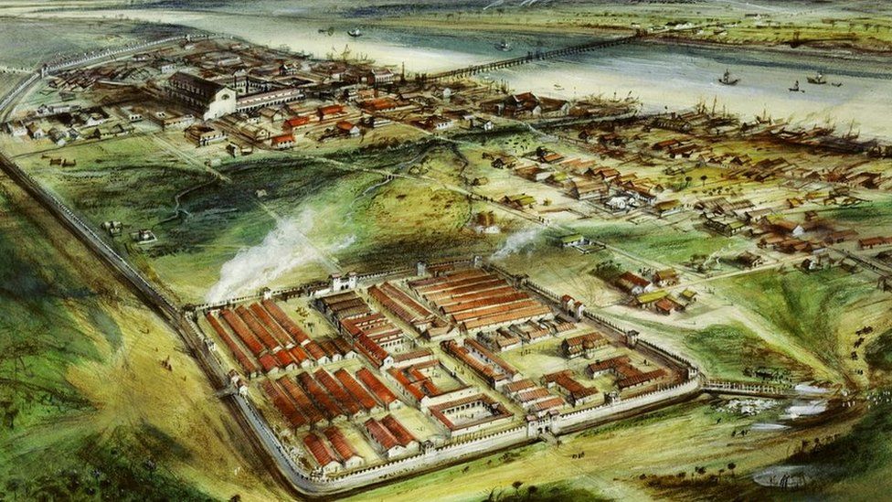 Reconstruction drawing of Londinium looking east: 'Roman London c. 200 AD'. Gouache and pastel drawing of Roman London circa 200AD with the addition of the city wall. The forum and the basilica complex - top left -was built on higher ground to the east separated by the Walbrook steam from the settlement and fort on the foreground in the Western area of the city.