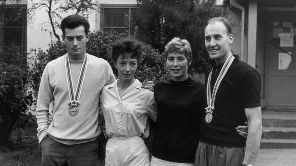 British gold medal winners at the Tokyo Olympics. Left to right: long jumper Lynn Davies, 800-metre runner Ann Packer, long jumper Mary Rand and 20 kilometre walker Ken Matthews