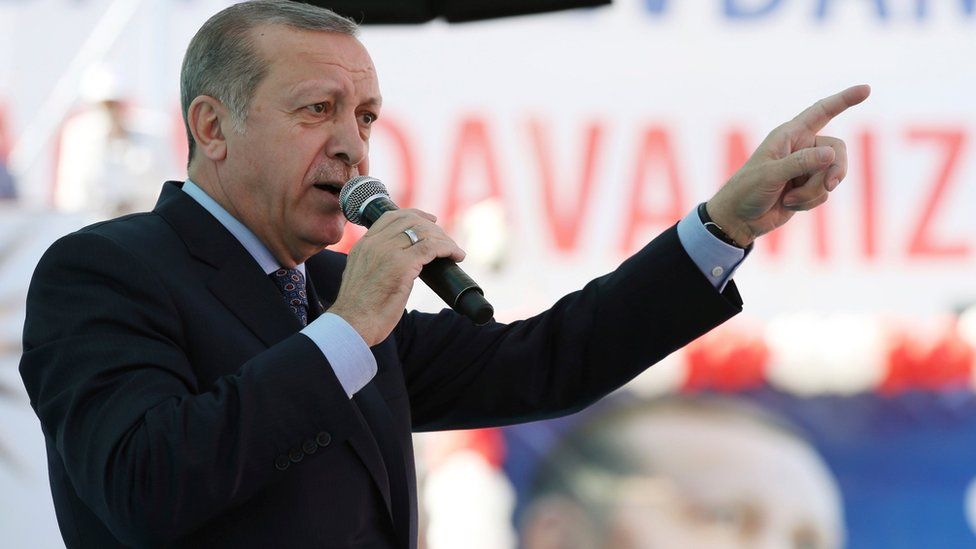 Turkey's President Recep Tayyip Erdogan addresses his supporters in Denizli, Turkey