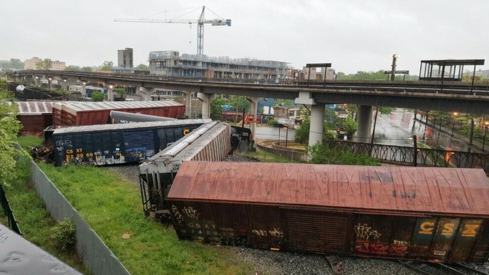 Overturned cars from CSX freight train in Washington DC