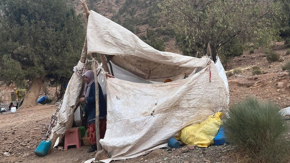 Temporary shelter made of branches and sheets of tarpaulin