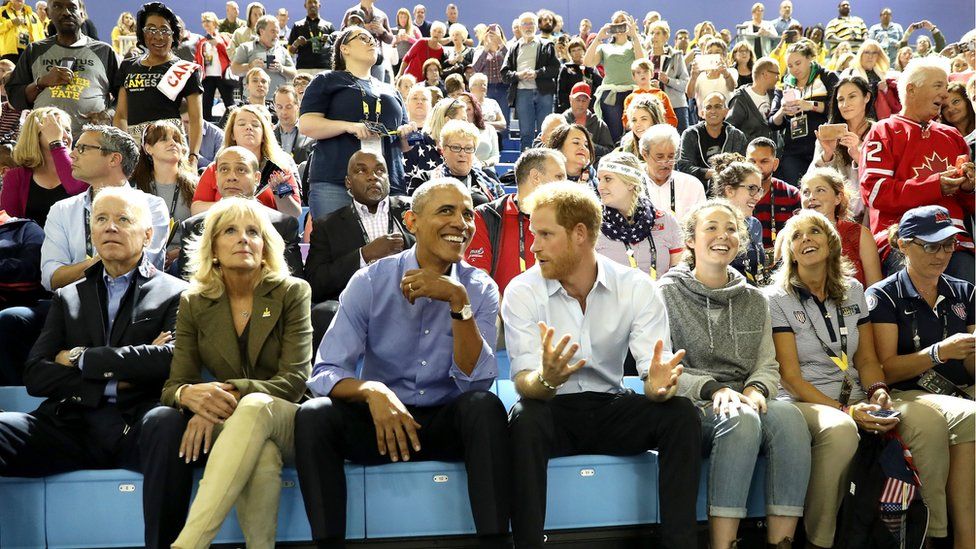 Barack Obama and Prince Harry watch the wheelchair basketball at the Invictus Games