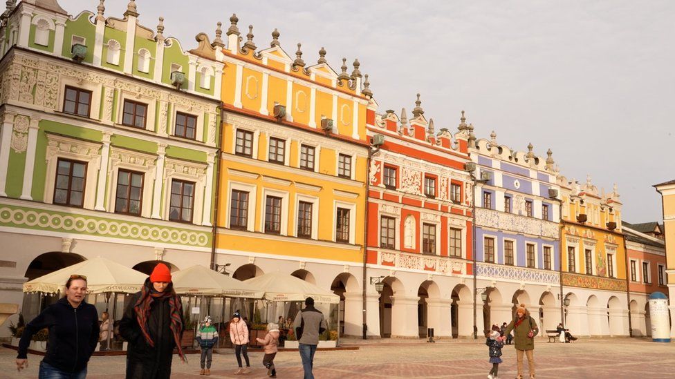 The colourful facades of Zamosc's beautiful old centre