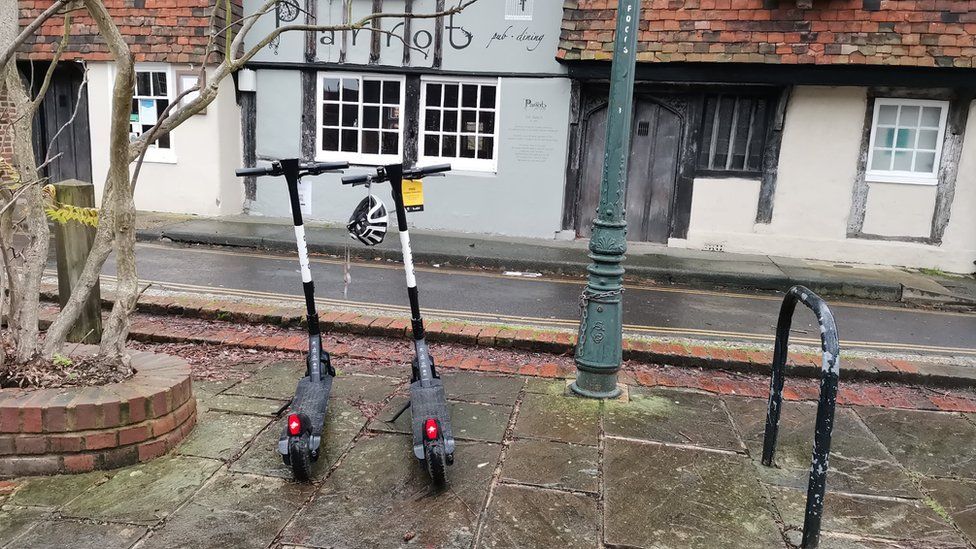 Bird e-scooters parked up in Canterbury
