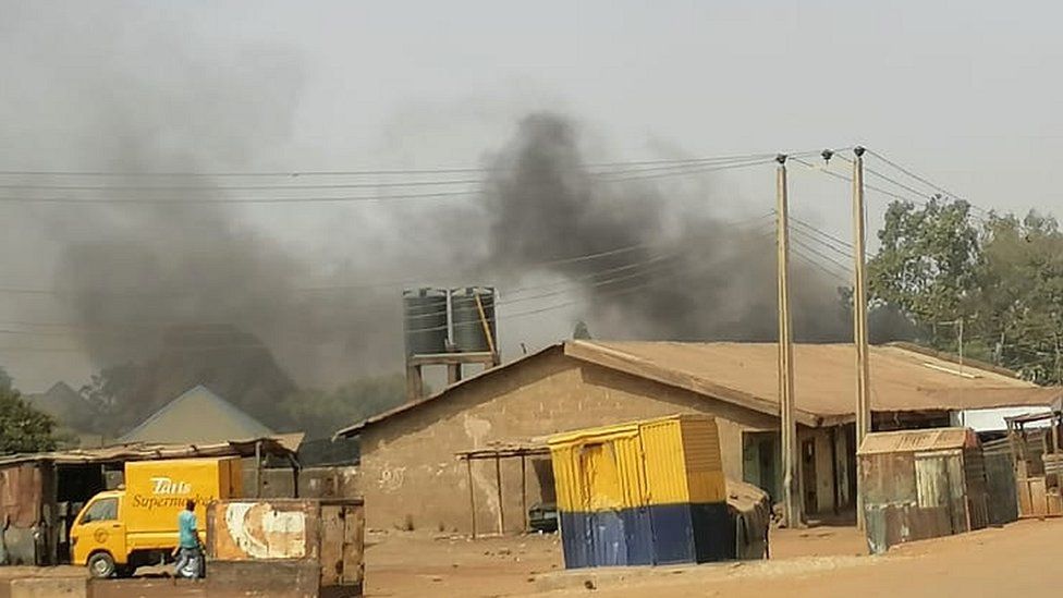 Smoke rising from buildings in Mangu, Nigeria - 24 January 2024