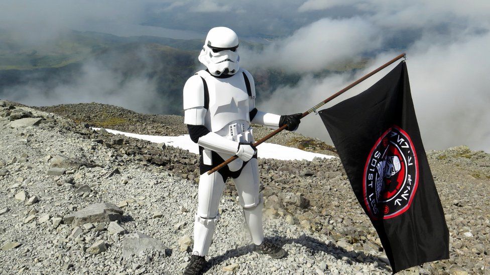 Ashley Broomhall in stormtrooper outift on Ben Nevis