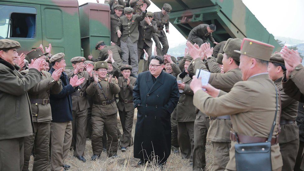Kim Jong Un, supreme commander of the Korean People"s Army, meeting millitary personnel during the test-firing of new-type large-caliber multiple launch rocket system. Picture made available 4 March 2016