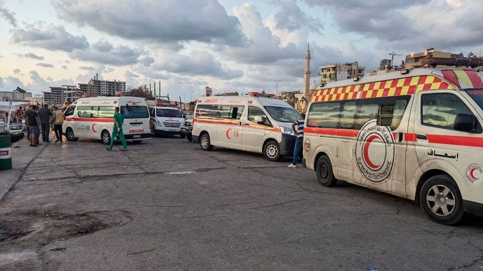 Emergency vehicles taking part in rescue efforts