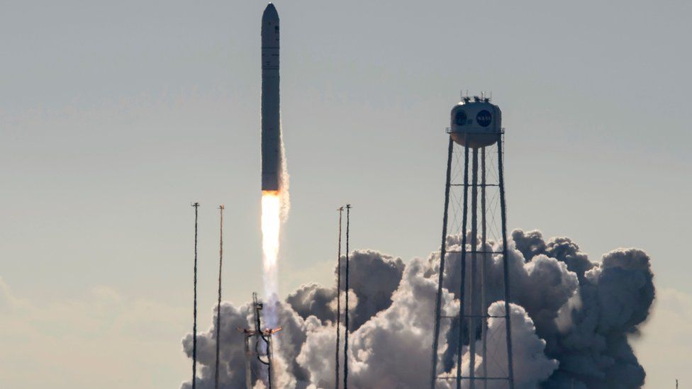 The Northrop Grumman Antares rocket, with Cygnus resupply spacecraft onboard, launching from Nasa's Wallops Flight Facility in Viriginia, 02 November 2019
