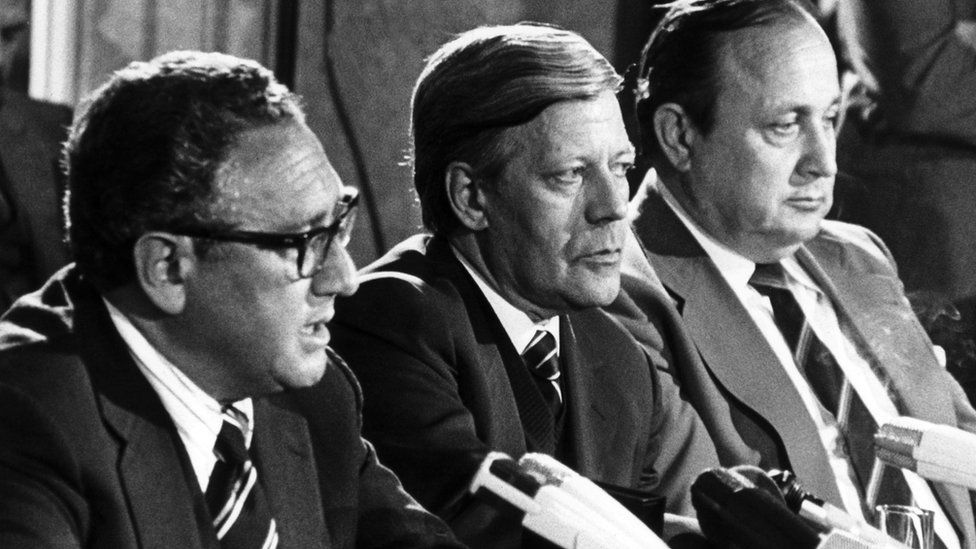 Picture from 1976 in Hamburg shows (L to R) US Secretary of State Henry Kissinger, German Chancellor Helmut Schmidt and German Foreign minister Hans-Dietrich Genscher during a press conference