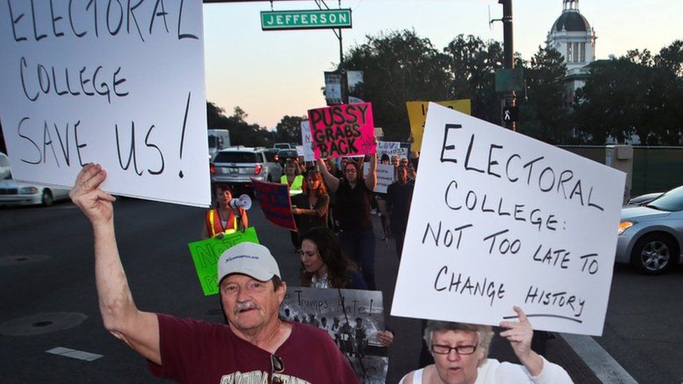 Protesters opposed to the electoral college circle the Capitol in Tallahassee, Florida