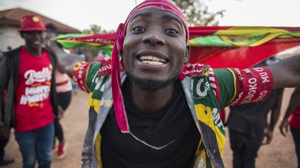 Supporters of Zambian presidential candidate for the opposition party United Party for National Development (UPND) Hakainde Hichilema celebrate in Lusaka, Zambia, 15 August 2021