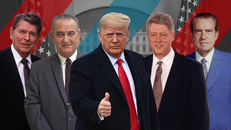 Composite image of Ronald Reagan, Lyndon B Johnson, Donald Trump, Bill Clinton, and Richard Nixon