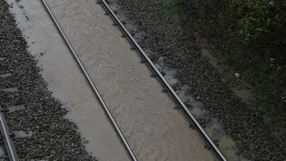 Flooded railway tracks
