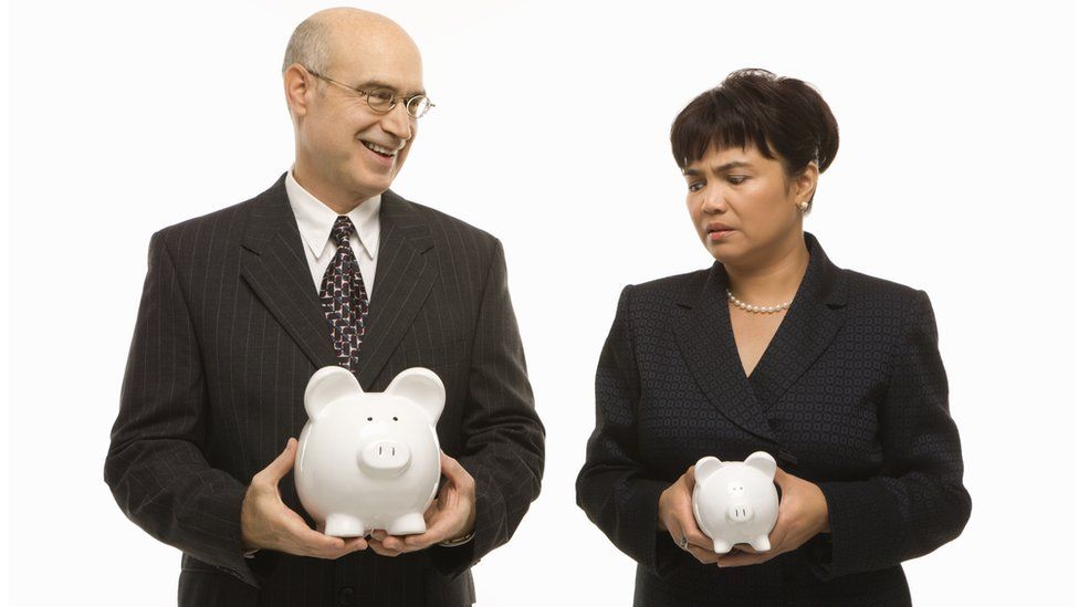 man with big piggy bank; woman with small one