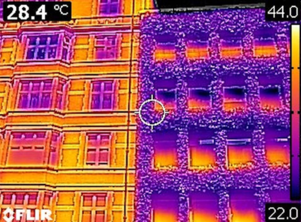 Infrared image of masonry wall (left) and green wall (right).