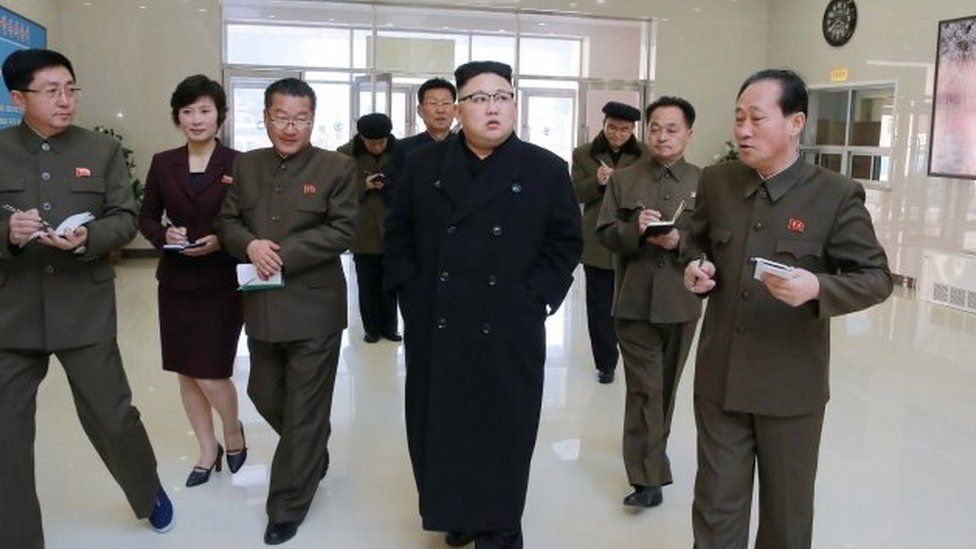 North Korean leader Kim Jong-un and party officials in Pyongyang. File photo