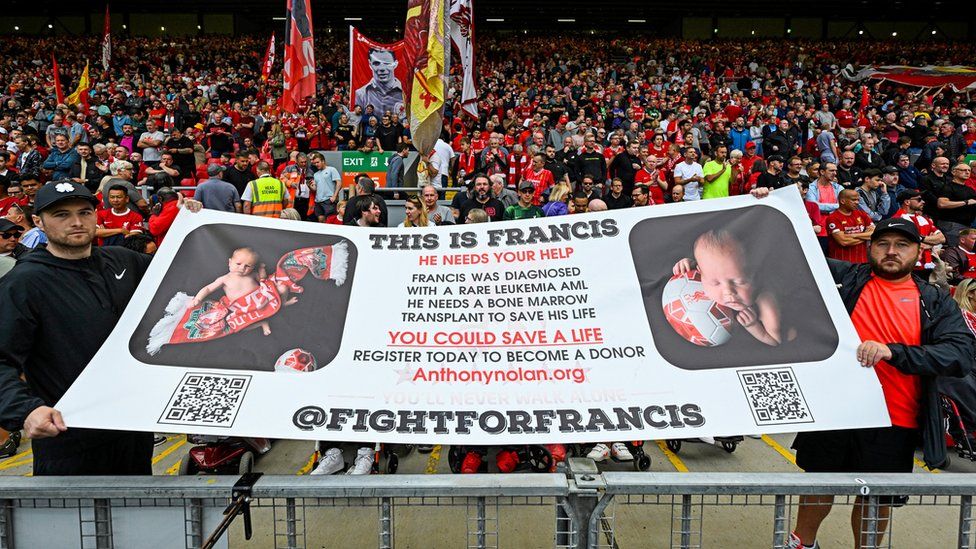Banner for Francis held up with Liverpool fans