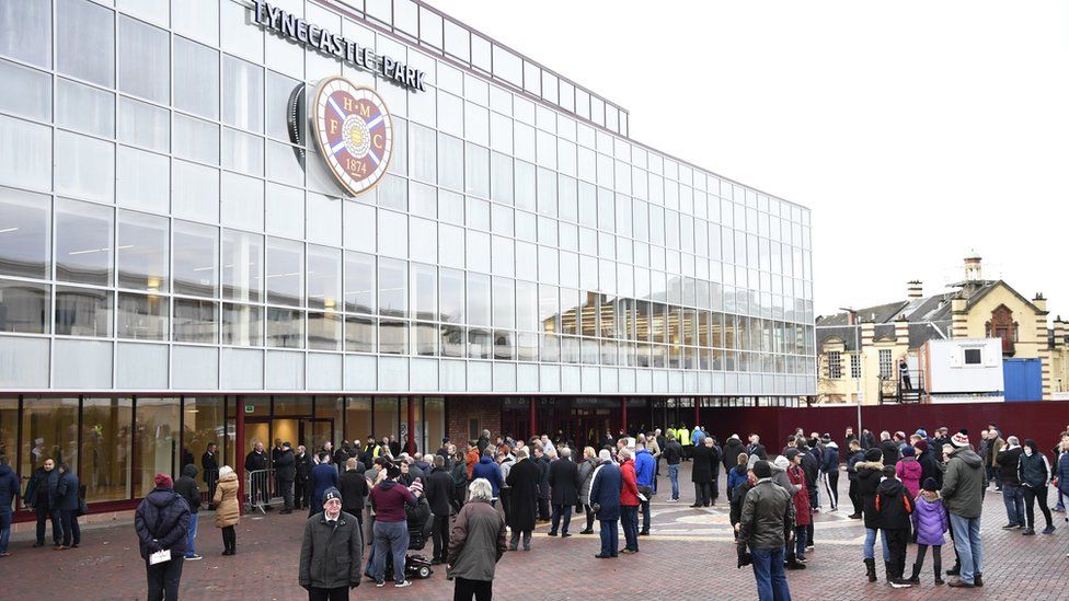 Fans wait outside after a fire alarm causes the evacuation of the main stand at Tynecastle