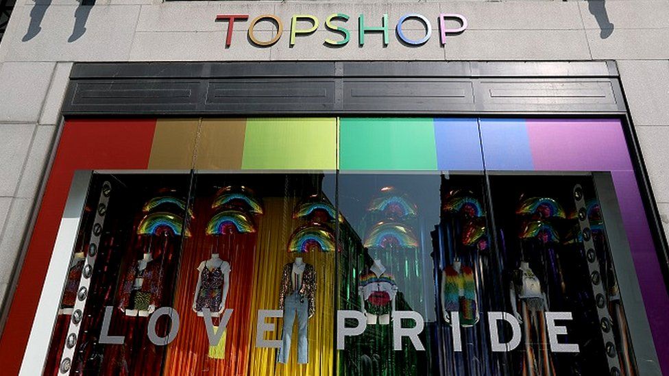 Love Pride window display at Top Shop, Oxford Street, London