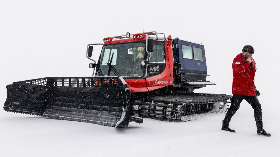 A PistenBully or Snowcat snow plough