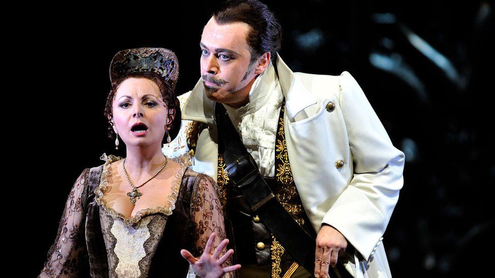 Nuccia Focile as Donna Elvira and David Kempster as Don Giovanni in Welsh National Opera's production of Wolfgang Amadeus Mozart's "Don Giovanni"