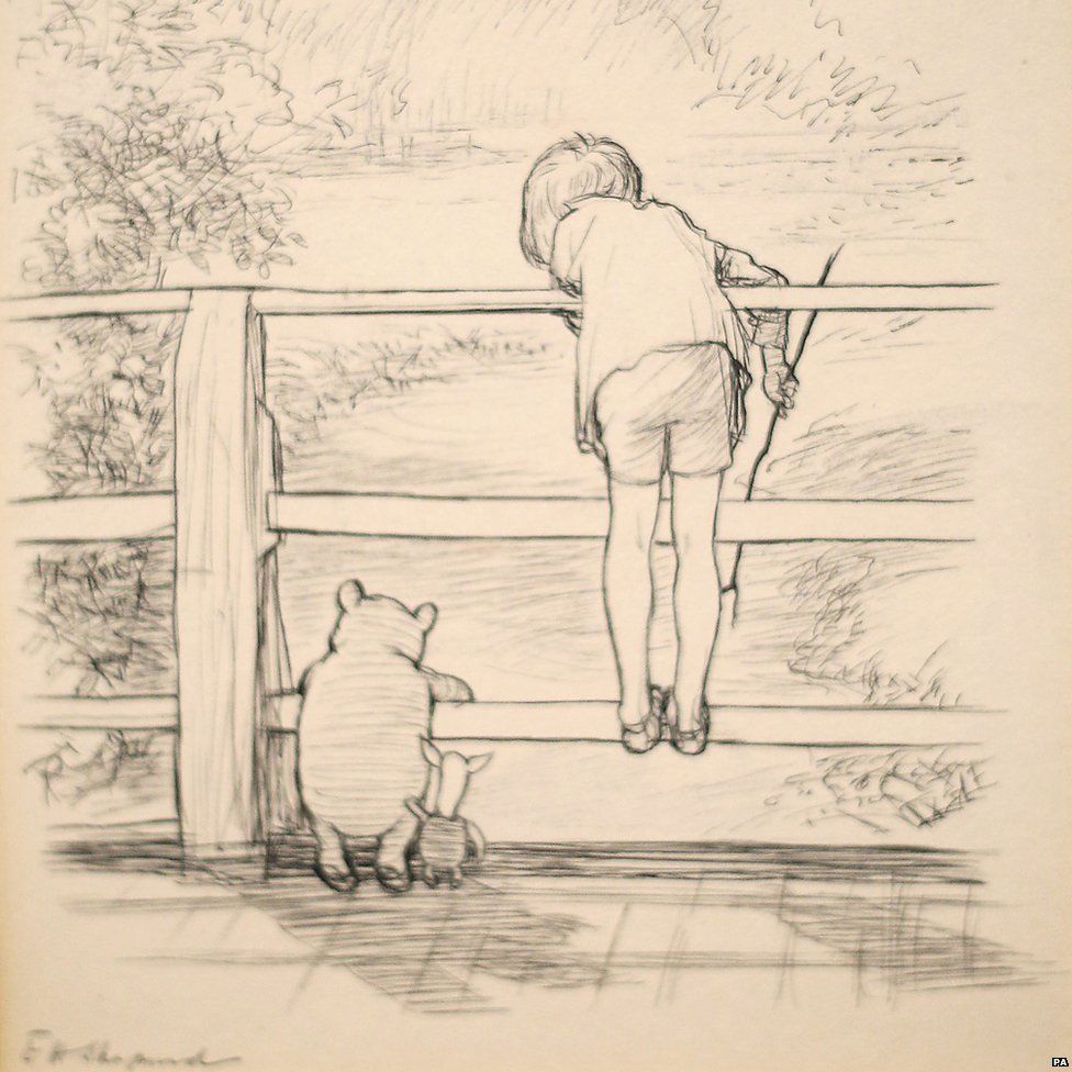 Pooh plays Pooh Sticks with Piglet and Christopher Robin