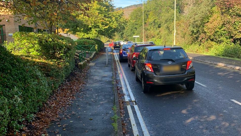 Cars queuing at Clydach Vale