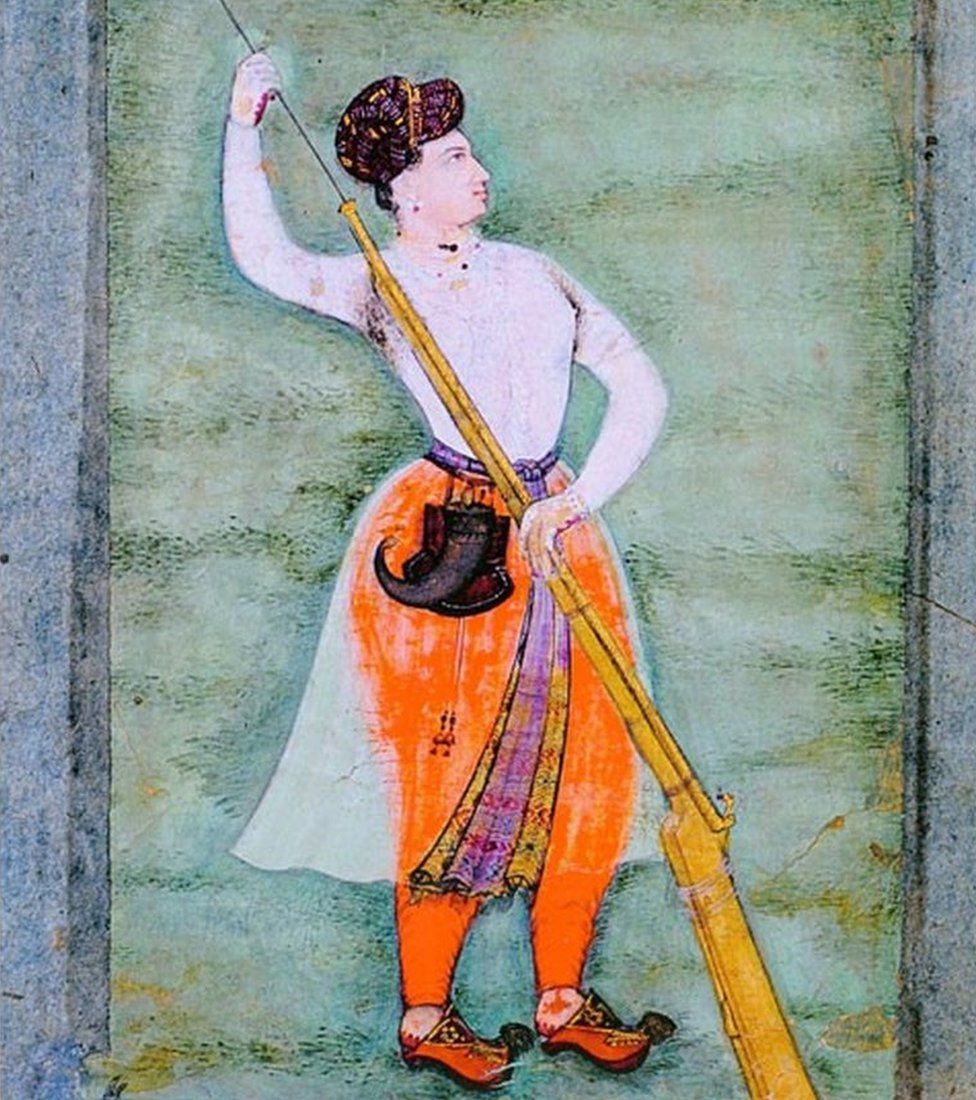 Portrait of Nur Jahan holding a gun