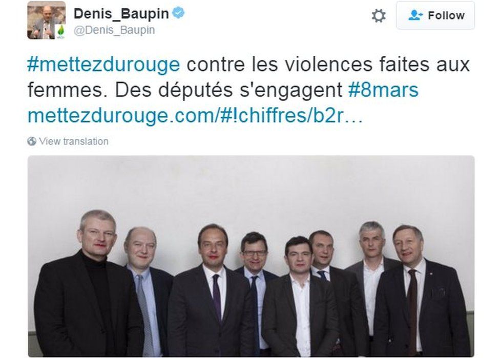 Denis Baupin tweets support for a campaign targeting violence against women (8 March)