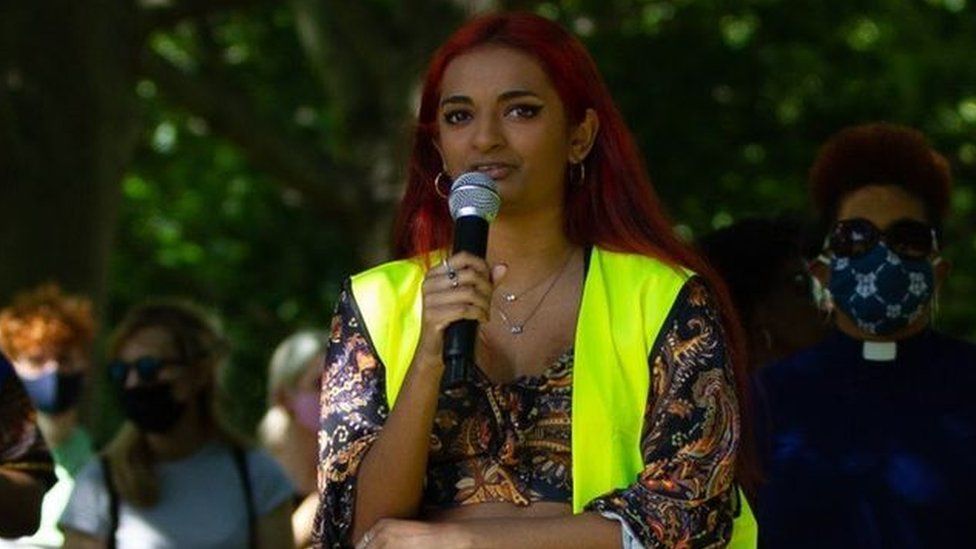 Malaika Gangooly speaks at a BLM protest