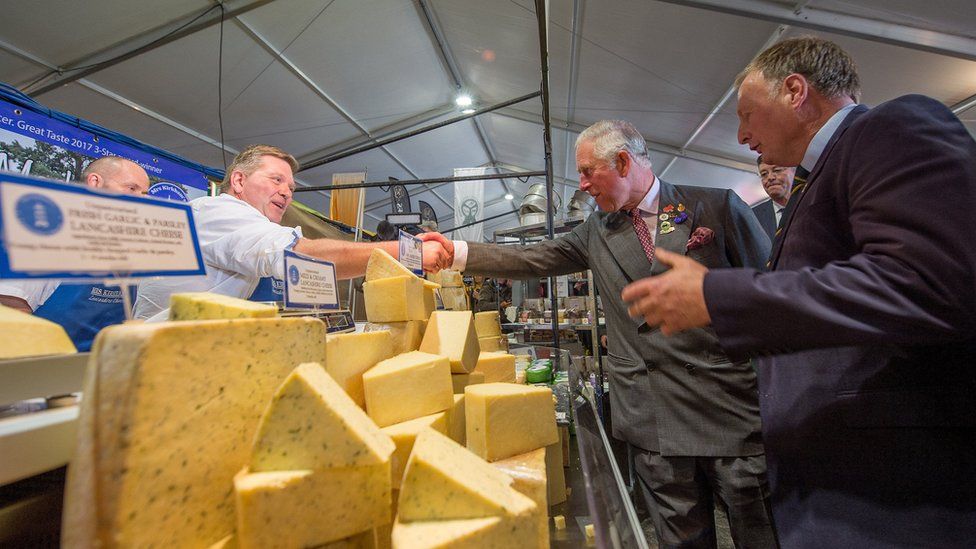 The Prince of Wales meeting the stall holders on the Lancashire Cheese Company