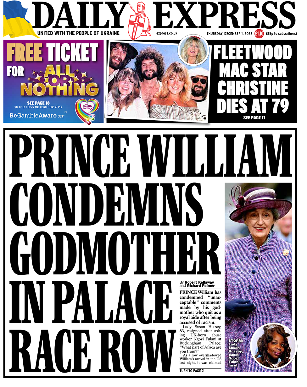 Заголовок на первой странице Daily Express гласит: «Принц Уильям приговаривает крестную мать к дворцовым гонкам»