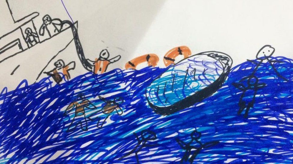 Drawings like this one by a child in a Lesbos migrant camp prompted volunteers to treat their water trauma