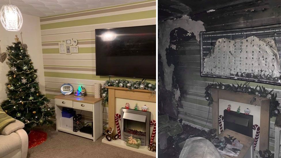 The living room before and after the fire showing the subsequent damage